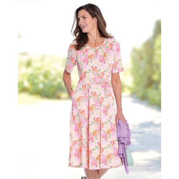 Appleseed's Pink Floral Print Midi Dress with Tie Size 2X 18 20 Summer Plus Size - Picture 1 of 7